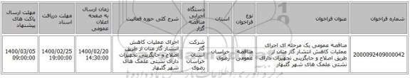 مناقصه عمومی یک مرحله ای اجرای عملیات کاهش انتشار گاز متان از طریق اصلاح و جایگزینی تجهیزات دارای نشتی علمک های شهر گلبهار 
