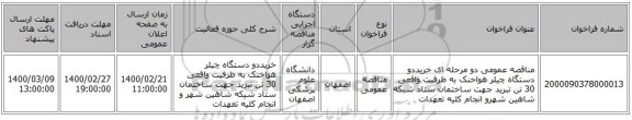 مناقصه عمومی دو مرحله ای خریددو دستگاه چیلر هواخنک به ظرفیت واقعی 30 تن تبرید جهت ساختمان ستاد شبکه شاهین شهرو انجام کلیه تعهدات