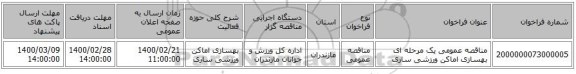 مناقصه عمومی یک مرحله ای بهسازی اماکن ورزشی ساری