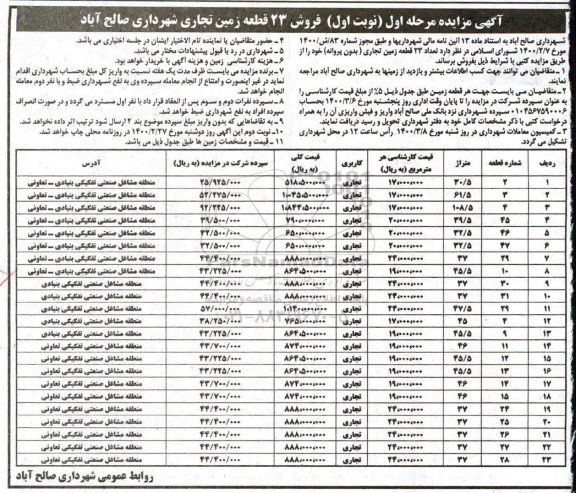 مزایده مزایده فروش 23 قطعه زمین تجاری نوبت اول 