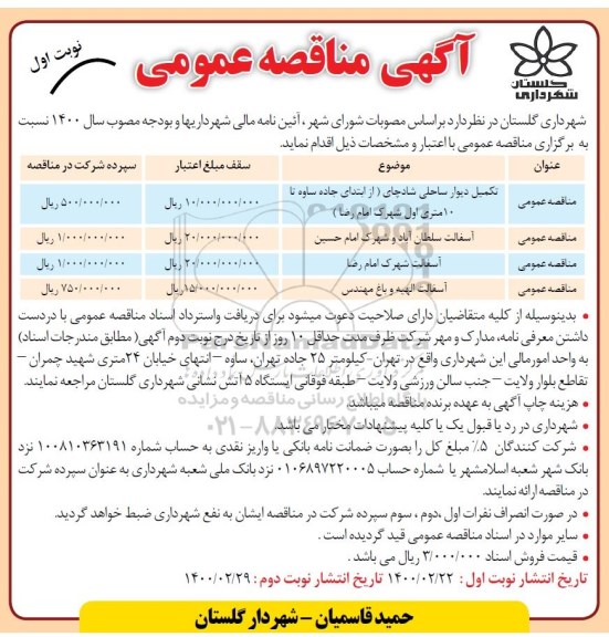 مناقصه ، مناقصه تکمیل دیوار ساحلی  ...