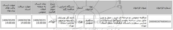 مناقصه عمومی دو مرحله ای خرید ، حمل و نصب عایق پیش ساخته رطوبتی(ایزوگام) استاندارد در مدارس سطح و دانشگاه فرهنگیان سطح استان تهران