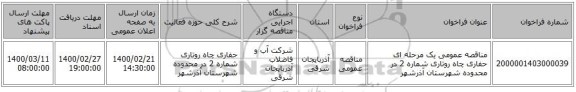 مناقصه عمومی یک مرحله ای حفاری چاه روتاری شماره 2 در محدوده شهرستان آذرشهر