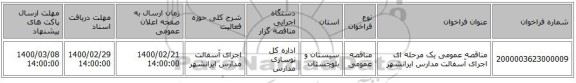 مناقصه عمومی یک مرحله ای اجرای آسفالت مدارس ایرانشهر