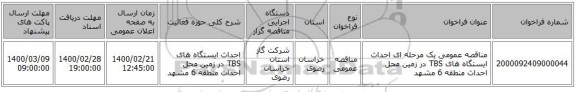 مناقصه عمومی یک مرحله ای احداث ایستگاه های TBS در زمین محل احداث منطقه 6 مشهد 