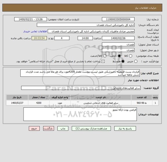 استعلام قرارداد پست قرنطینه دامپزشکی طبق لیست پیوست مقدار 4200مورد برای هر ماه می باشد مدت قرارداد شش ماهه میباشد 
