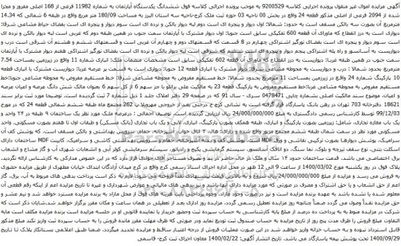 آگهی مزایده ششدانگ یکدستگاه آپارتمان به شماره 11982 فرعی از 168 اصلی مفروز 