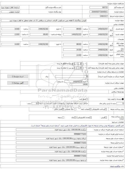 فروش و واگذاری 3 قطعه زمین مسکونی، 8 واحد خدماتی و سرقفلی 11 باب مغازه متعلق به قطار شهری تبریز