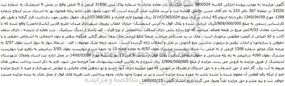 آگهی مزایده شش دانگ یک باب مغازه تجاری به شماره پلاک ثبتی 31856 فرعی از 9 اصلی