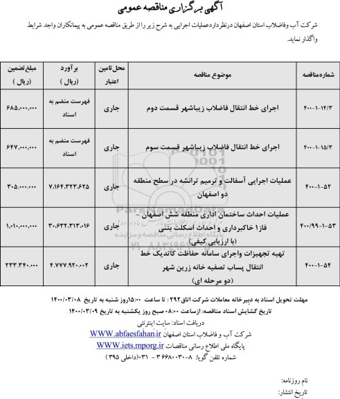 مناقصه اجرای خط انتقال فاضلاب ....