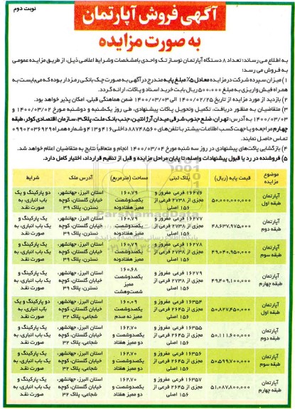 مزایده مزایده فروش 8 دستگاه آپارتمان نوساز تک واحدی نوبت دوم 