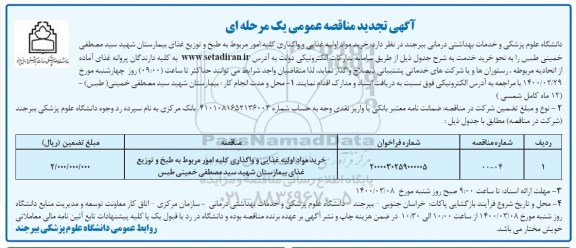 تجدید مناقصه، تجدید مناقصه خرید مواد اولیه غذایی و واگذاری کلیه امور مربوط به طبخ و توزیع غذای بیمارستان