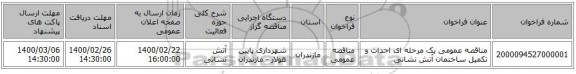 مناقصه عمومی یک مرحله ای احداث و تکمیل ساختمان آتش نشانی