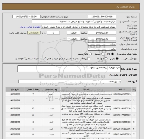 استعلام خرید لوازم آشپزخانه طبق درخواست
