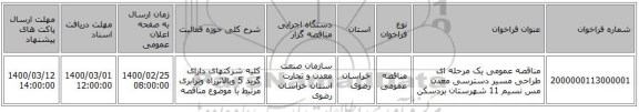 مناقصه عمومی یک مرحله ای طراحی مسیر دسترسی معدن مس نسیم 11 شهرستان بردسکن