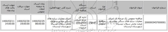 مناقصه عمومی یک مرحله ای اجرای عملیات سازه های سنگی ملاتی و مرمت پخش سیلاب نیسیان شهرستان اردستان
