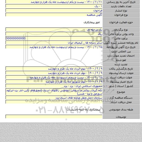 لکه گیری، روکش و آسفالت حفاظتی راههای استان (محورهای نائین-انار، یزد-ابرکوه، سورمق و یزد - طبس)