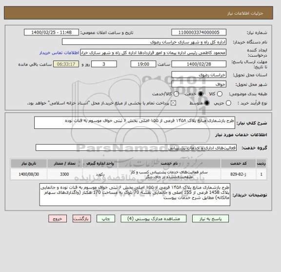 استعلام طرح بازشماری منابع پلاک ۱۴۵۸ فرعی از ۱۵۵ اصلی بخش ۶ ثبتی خواف موسوم به قنات نوده