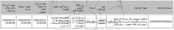 مناقصه عمومی یک مرحله ای بهره برداری و نگهداری تاسیسات آب روستایی شهرستان های هویزه ، سوسنگرد
