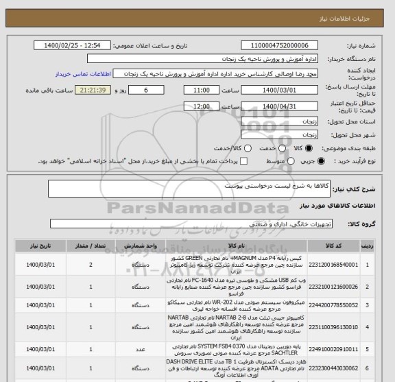 استعلام کالاها به شرح لیست درخواستی پیوست
