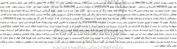 آگهی مزایده یک دستگاه خودروی سواری پژو 