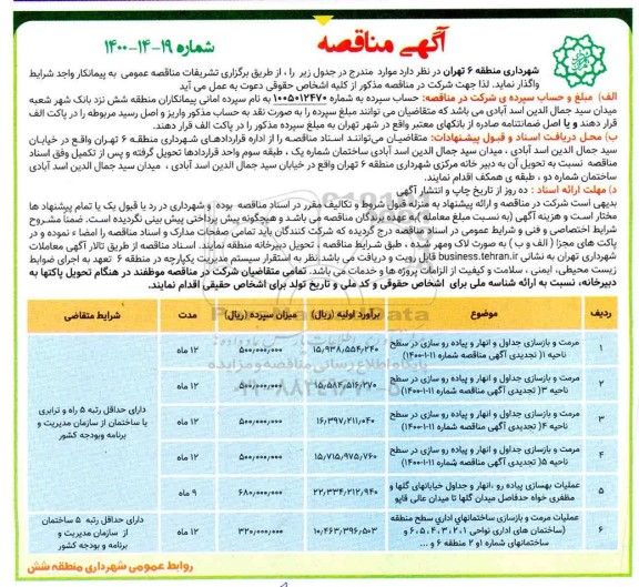 مناقصه، مناقصه مرمت و بازسازی جداول و انهار و پیاده روسازی ... 