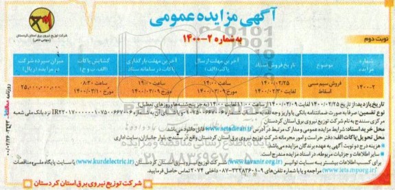 مزایده فروش سیم مسی اسقاط نوبت دوم