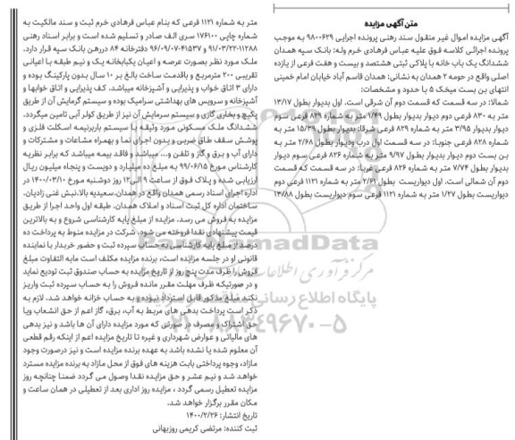 مزایده مزایده ششدانگ یکباب خانه پلاک ثبتی 821 فرعی