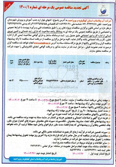 تجدید مناقصه، مناقصه برآورد واگذاری فعالیت های حجمی و ...تجدید 