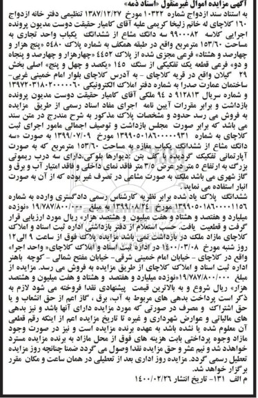 مزایده مزایده سه دانگ مشاع از ششدانگ یکباب واحد تجاری 