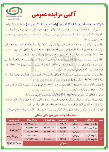 مزایده،مزایده فروش یک واحد رستوران 