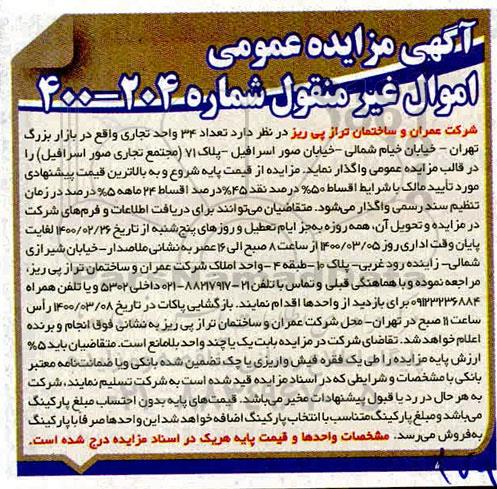 مزایده عمومی، مزایده واگذاری تعداد 34 واحد تجاری 