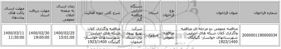 مناقصه عمومی دو مرحله ای مناقصه واگذاری کلان شبکه های اجرایی شهرستانهای خوانسار- گلپایگان  1923/1400