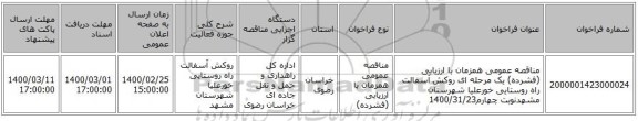 مناقصه عمومی همزمان با ارزیابی (فشرده) یک مرحله ای روکش آسفالت راه روستایی خورعلیا شهرستان مشهدنوبت چهارم1400/31/23