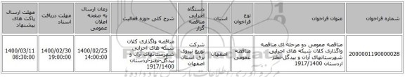 مناقصه عمومی دو مرحله ای مناقصه واگذاری کلان شبکه های اجرایی شهرستانهای آران و بیدگل-نطنز-اردستان  1917/1400