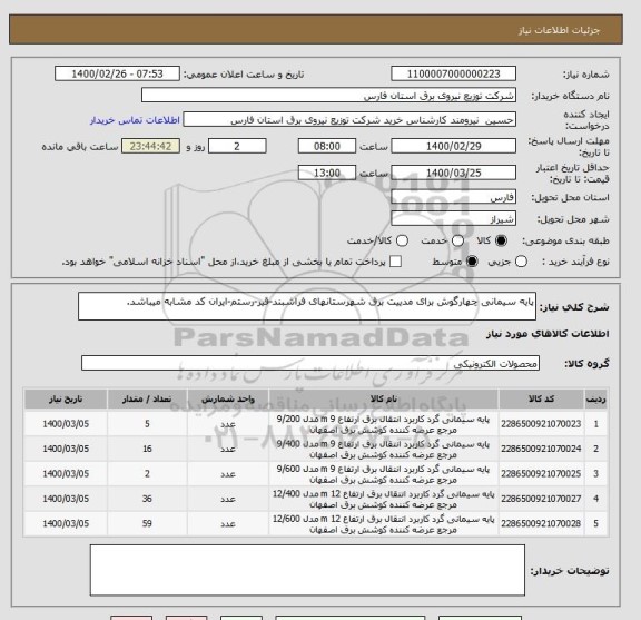 استعلام پایه سیمانی چهارگوش برای مدییت برق شهرستانهای فراشبند-قیر-رستم-ایران کد مشابه میباشد.
