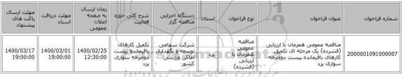 مناقصه عمومی همزمان با ارزیابی (فشرده) یک مرحله ای تکمیل کارهای باقیمانده پیست دوچرخه سواری یزد 