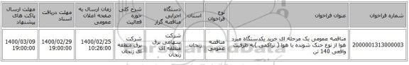مناقصه عمومی یک مرحله ای خرید یکدستگاه مبرد هوا از نوع خنک شونده با هوا  ( تراکمی )به ظرفیت واقعی 140 تن 