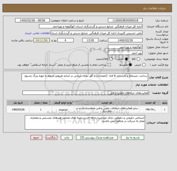 استعلام ساخت ،چیدمان و بازسازی 6 لایه  (انفجاری) از گور دوران تاریخی در اندازه طبیعی مربوط به موزه بزرگ یاسوج