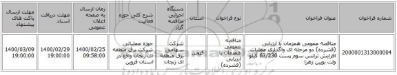 مناقصه عمومی همزمان با ارزیابی (فشرده) دو مرحله ای واگذاری عملیات افزایش ترانس سوم پست 63/230 کیلو ولت  بویین زهرا 