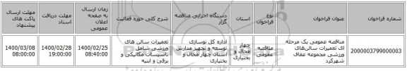 مناقصه عمومی یک مرحله ای تعمیرات سالن‌های ورزشی مجموعه عفاف شهرکرد