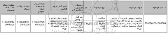 مناقصه عمومی همزمان با ارزیابی (فشرده) دو مرحله ای تهیه، حمل، تخلیه و نصب چمن مصنوعی زمین فوتبال مجموعه ورزشی ناشنوایان تهران 