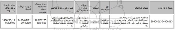 مناقصه عمومی یک مرحله ای تعمیرکامل بویلر کمکی واحد بخار سیکل ترکیبی نیروگاه شهید سلیمی نکا