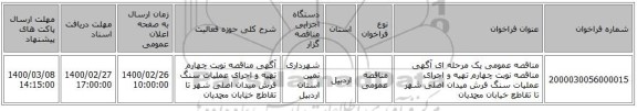 مناقصه عمومی یک مرحله ای آگهی مناقصه نوبت چهارم تهیه و اجرای عملیات سنگ فرش میدان اصلی شهر تا تقاطع خیابان محمدیان 