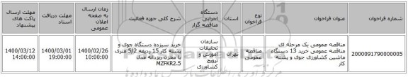 مناقصه عمومی یک مرحله ای مناقصه عمومی خرید 13 دستگاه ماشین کشاورزی جوی و پشته کار