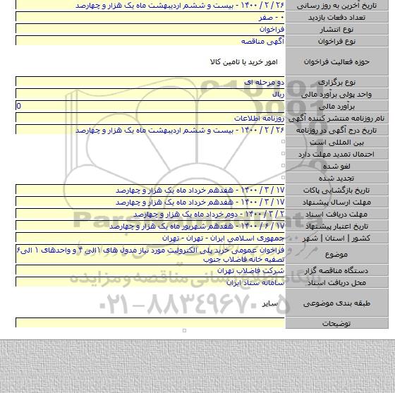 فراخوان عمومی خرید  پلی الکترولیت مورد نیاز مدول های ۱الی ۴ و واحدهای ۱ الی۶ تصفیه خانه فاضلاب جنوب