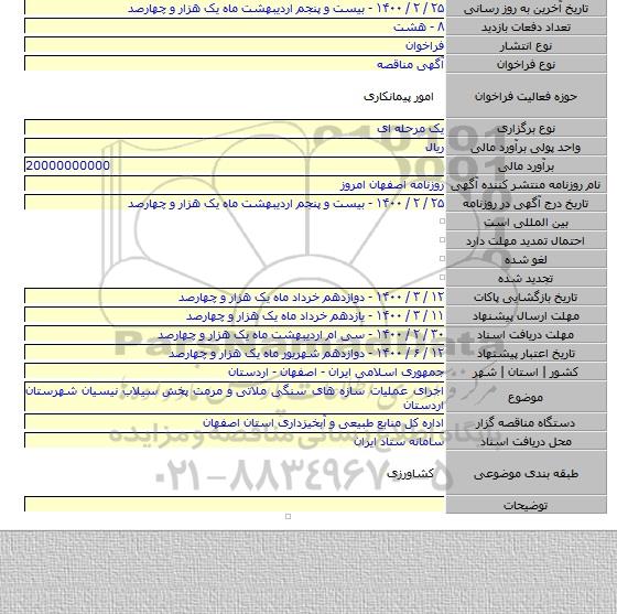 اجرای عملیات سازه های سنگی ملاتی  و مرمت پخش سیلاب نیسیان شهرستان اردستان