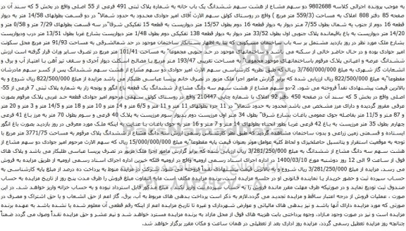 آگهی مزایده ششدانگ یک باب خانه به شماره پلاک ثبتی 491 فرعی از 55 اصلی