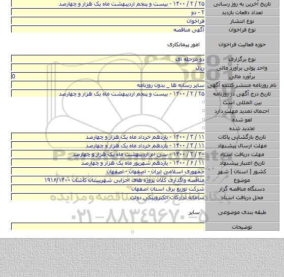 مناقصه واگذاری کلان پروژه های اجرایی شهرستان کاشان ۱۹۱۶/۱۴۰۰