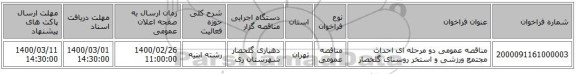 مناقصه عمومی دو مرحله ای احداث مجتمع ورزشی و استخر روستای گلحصار